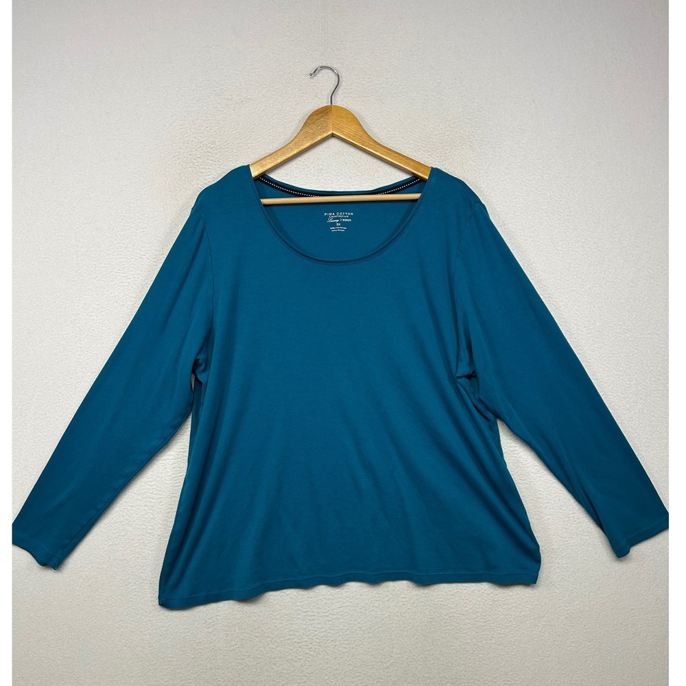 Charter Club Luxury Pima Cotton Women 3X Teal Blue Long Sleeve Scoop Neck Tee